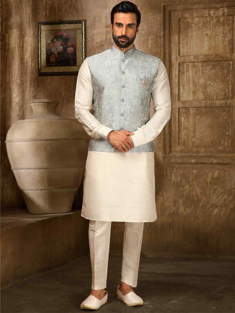 Cream Jacquard Embroidered Festival Kurta