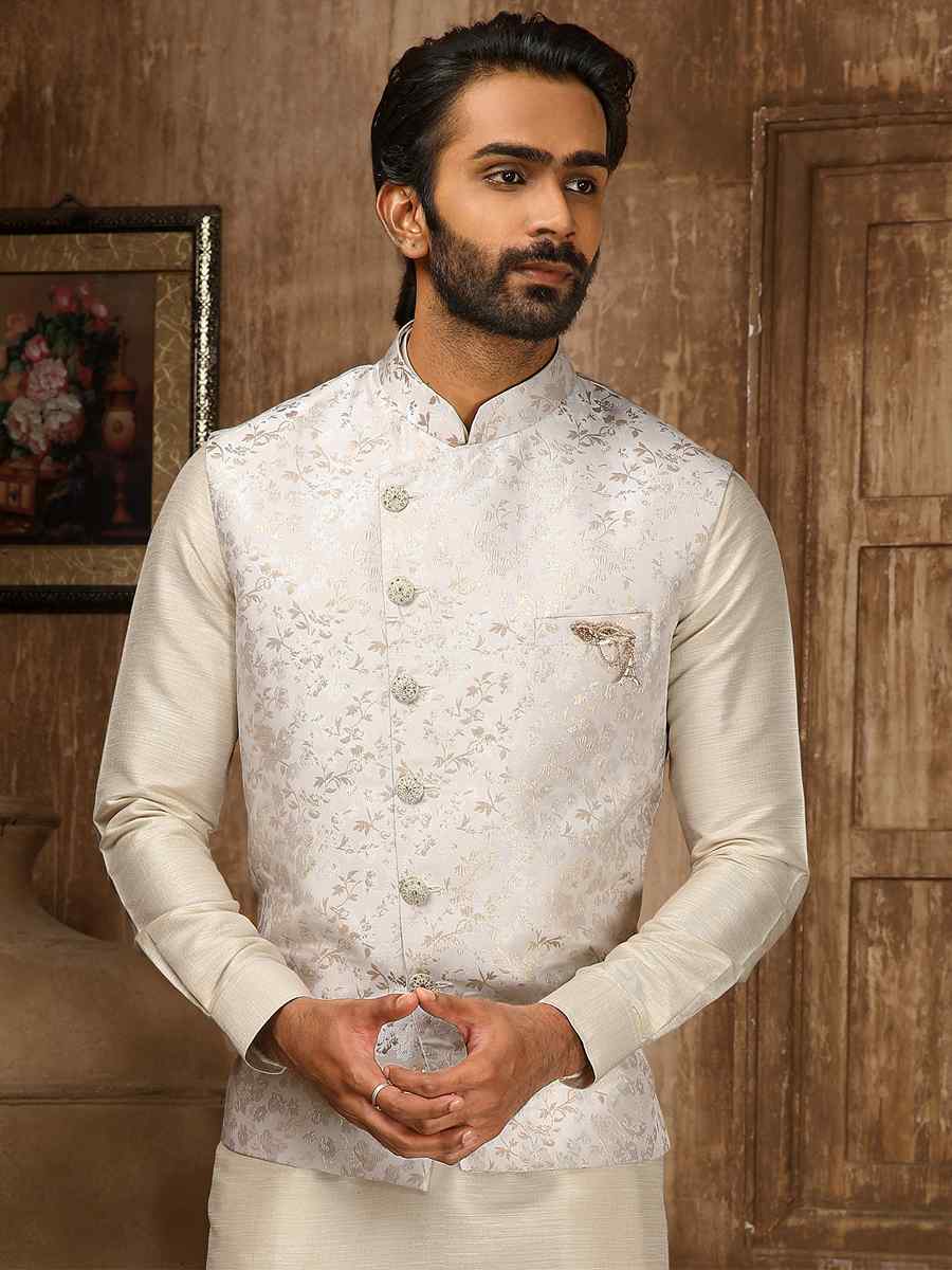 Cream Jacquard Embroidered Festival Kurta