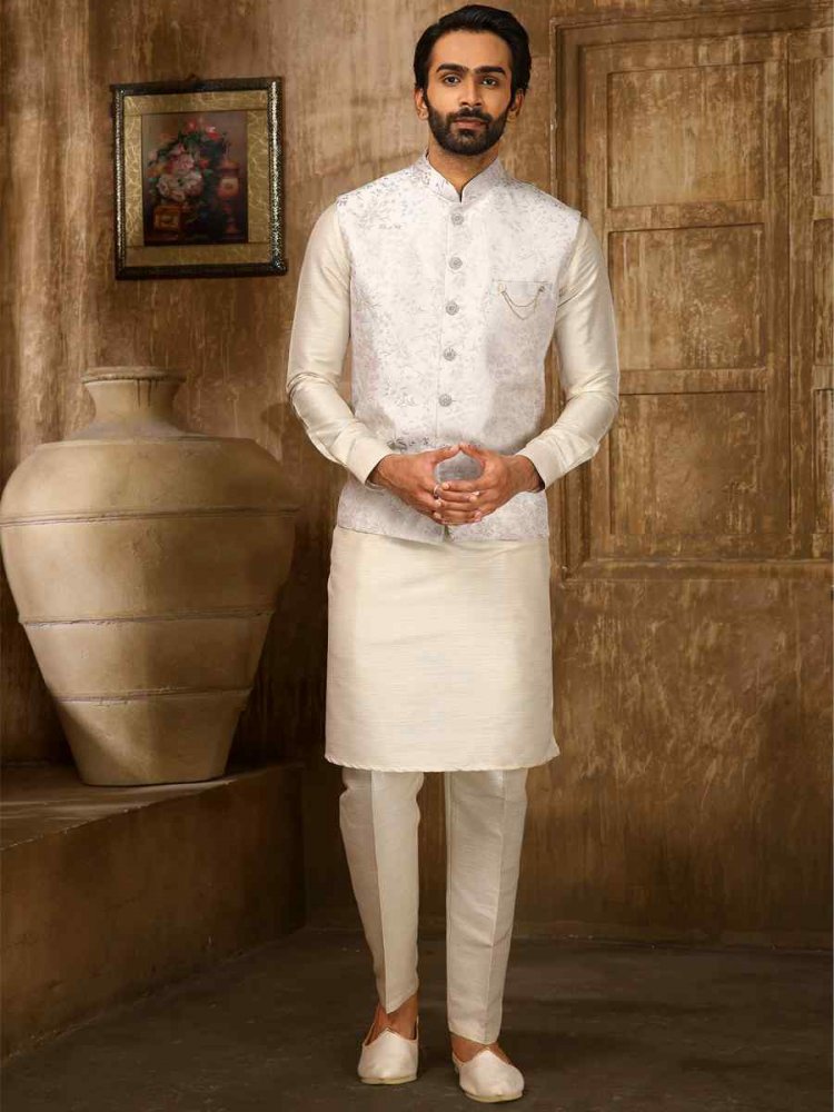 Cream Jacquard Embroidered Festival Kurta