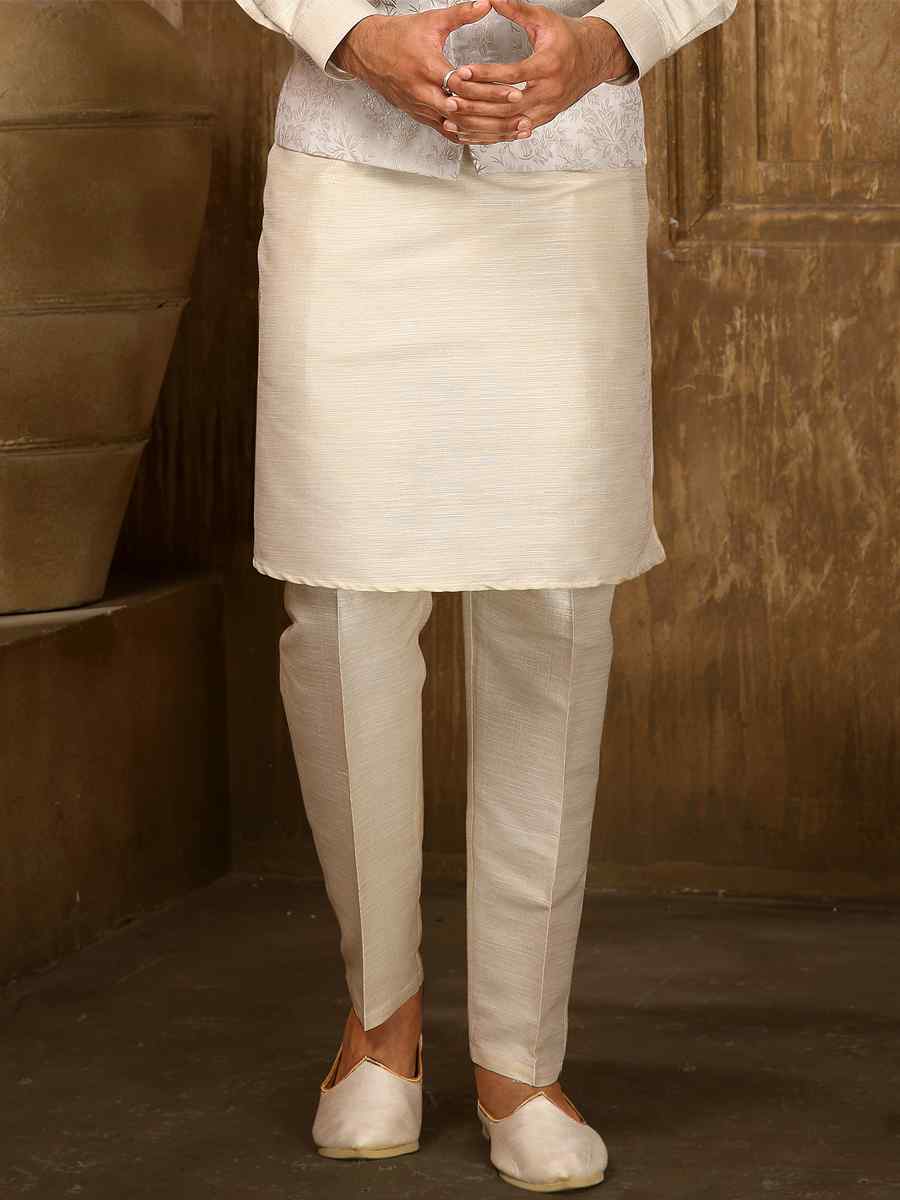 Cream Jacquard Embroidered Festival Kurta