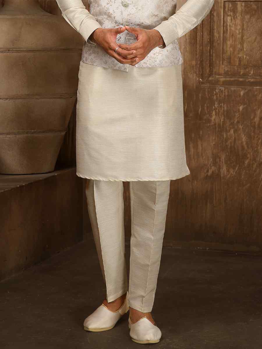 Cream Jacquard Embroidered Festival Kurta