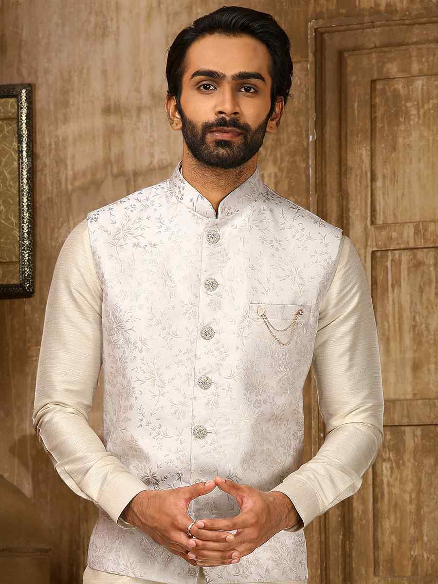 Cream Jacquard Embroidered Festival Kurta