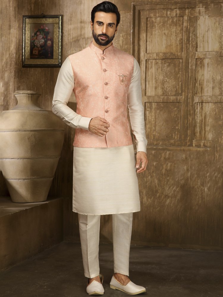 Cream Jacquard Embroidered Festival Kurta