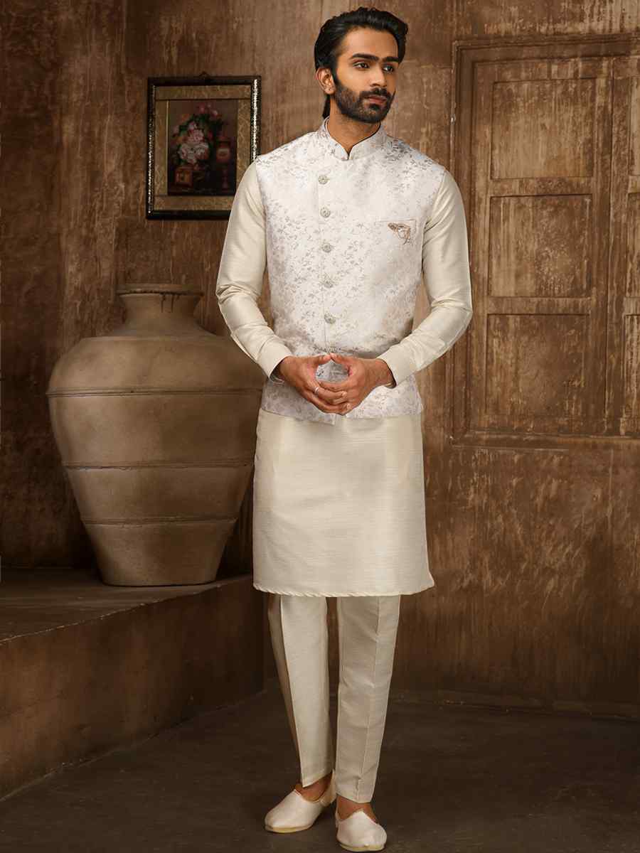 Cream Jacquard Embroidered Festival Kurta