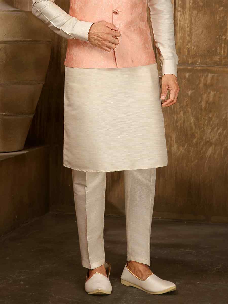 Cream Jacquard Embroidered Festival Kurta
