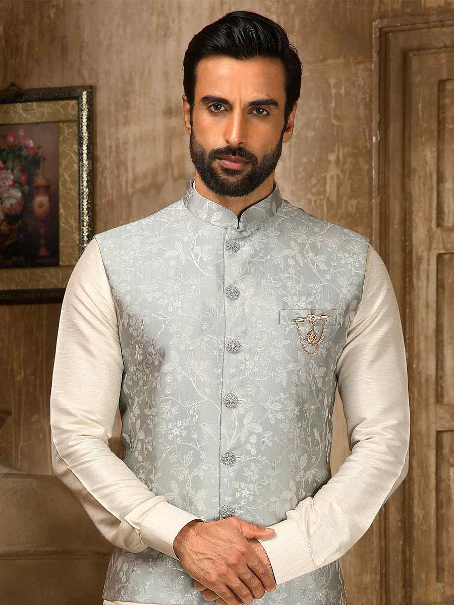 Cream Jacquard Embroidered Festival Kurta