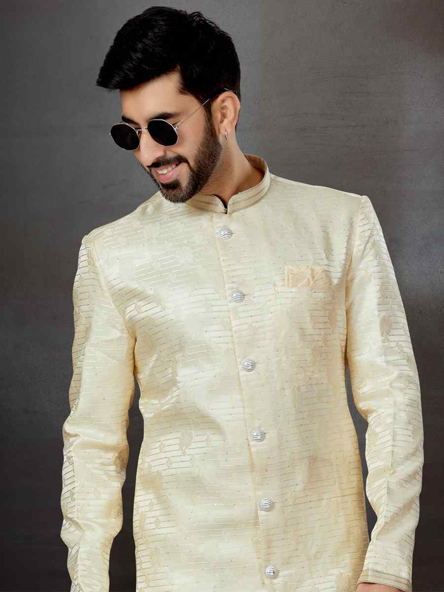 Cream Jacquard Embroidered Festival Wedding Sherwani