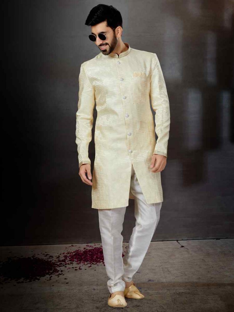 Cream Jacquard Embroidered Festival Wedding Sherwani