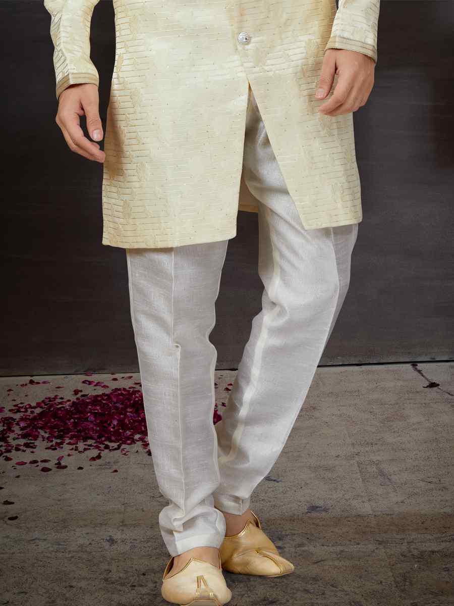 Cream Jacquard Embroidered Festival Wedding Sherwani