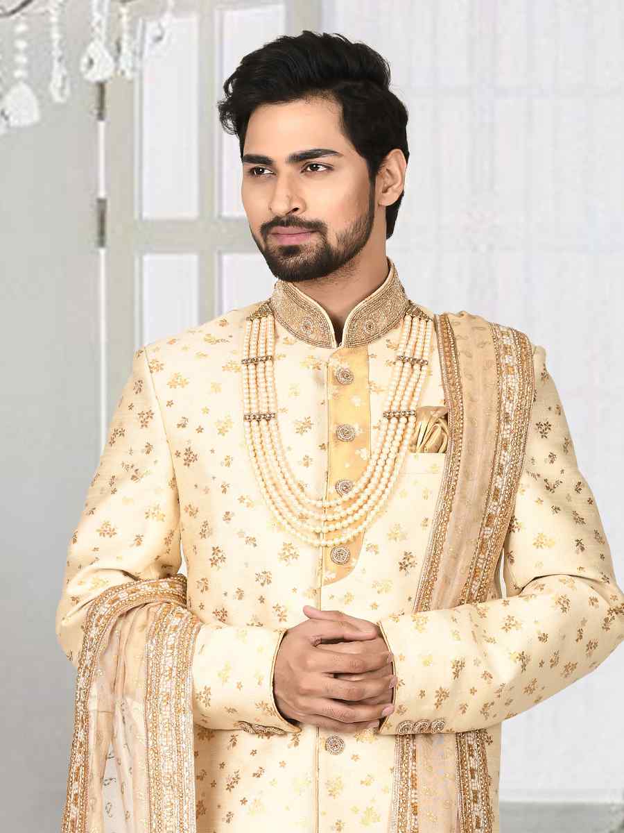 Cream Jacquard Embroidered Groom Wedding Sherwani