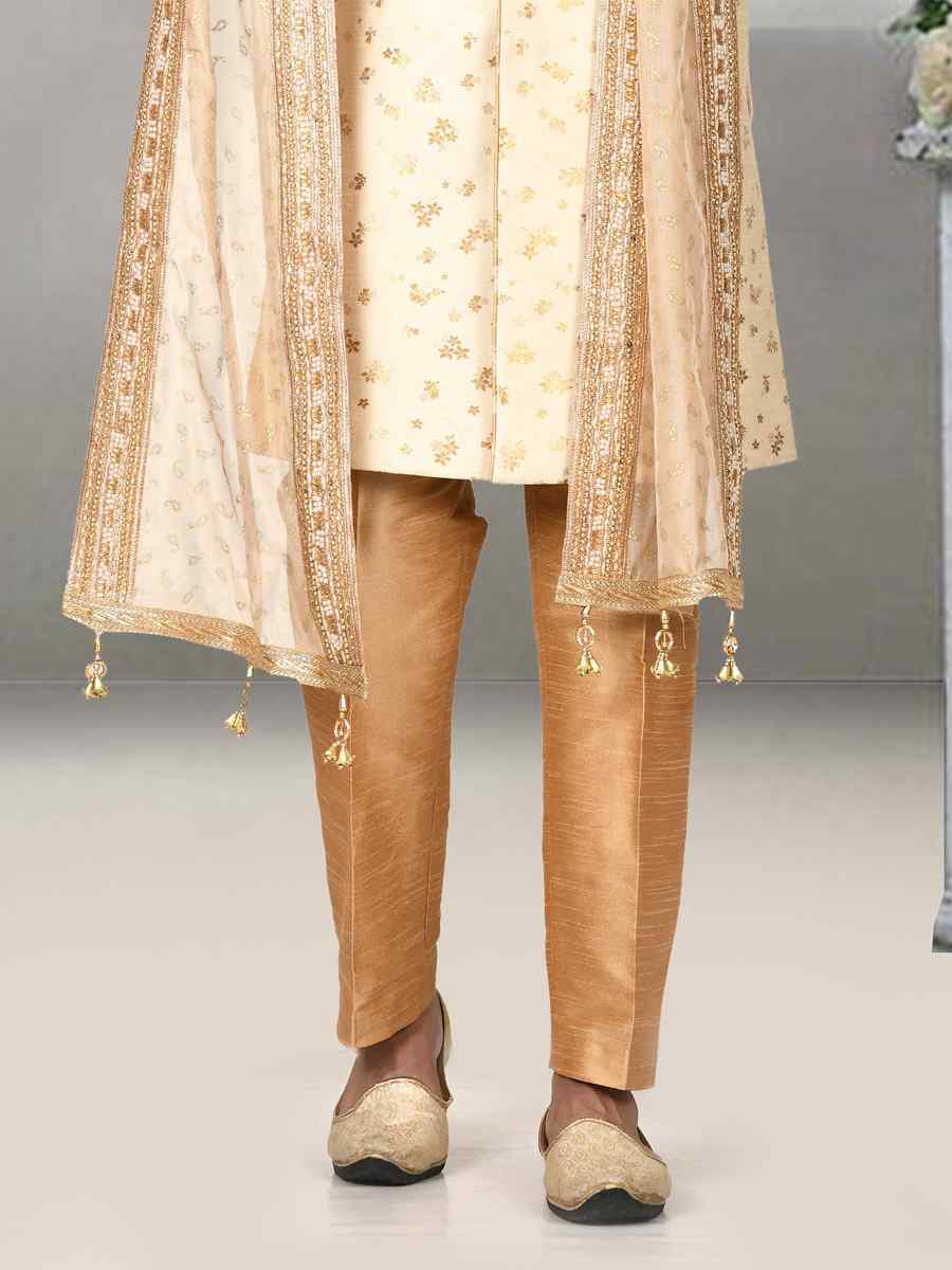 Cream Jacquard Embroidered Groom Wedding Sherwani
