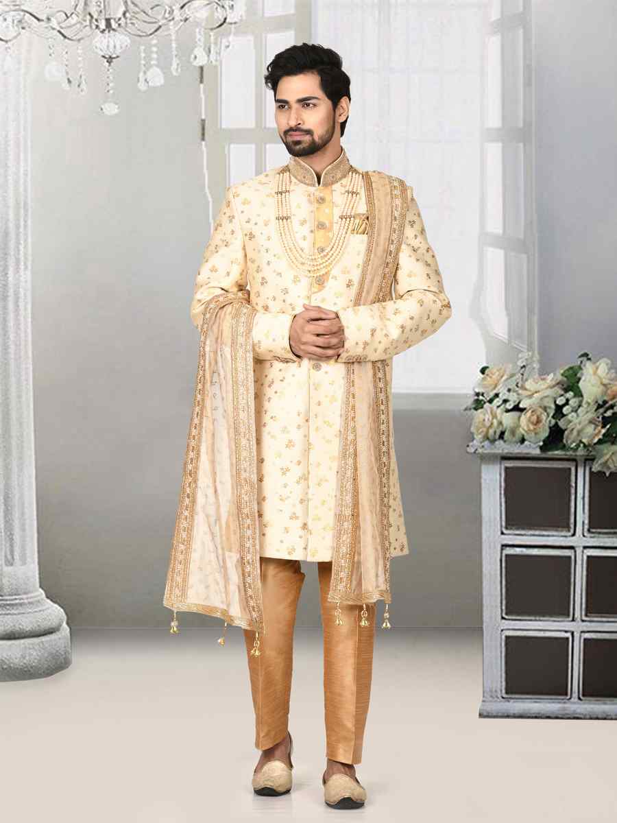 Cream Jacquard Embroidered Groom Wedding Sherwani