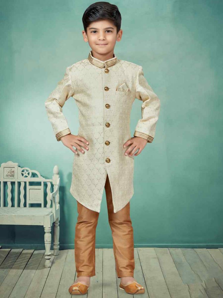 Cream Jacquard Embroidered Party Festival Kurta Pyjama Boys Wear