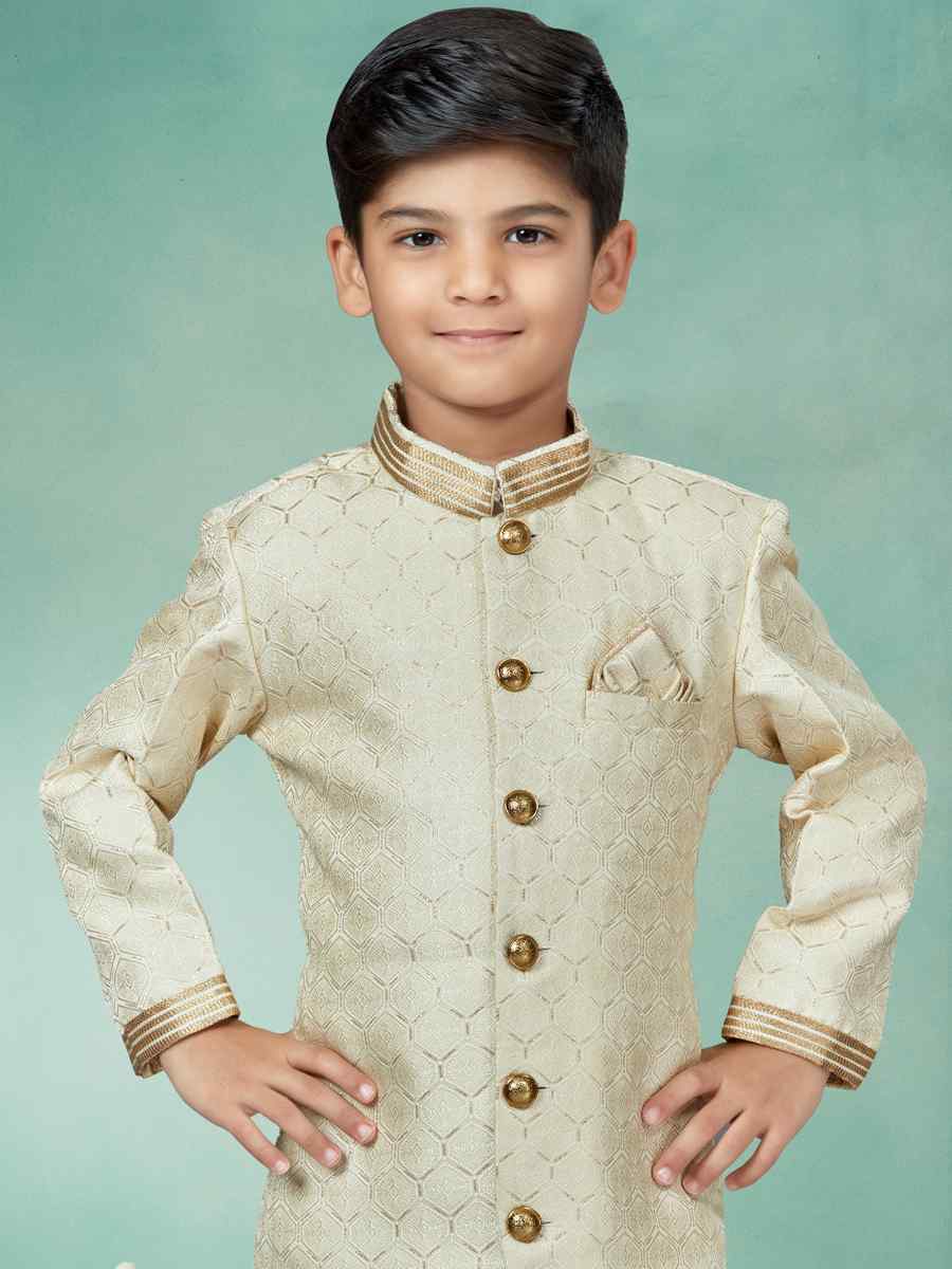 Cream Jacquard Embroidered Party Festival Kurta Pyjama Boys Wear