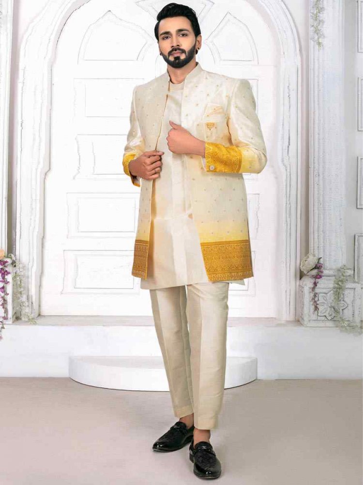 Cream Jacquard Embroidered Wedding Groom Sherwani