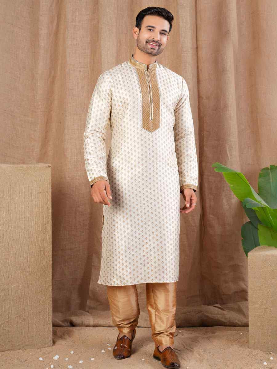 Cream Jacquard Embroidery Festival Wedding Party Mens Kurta