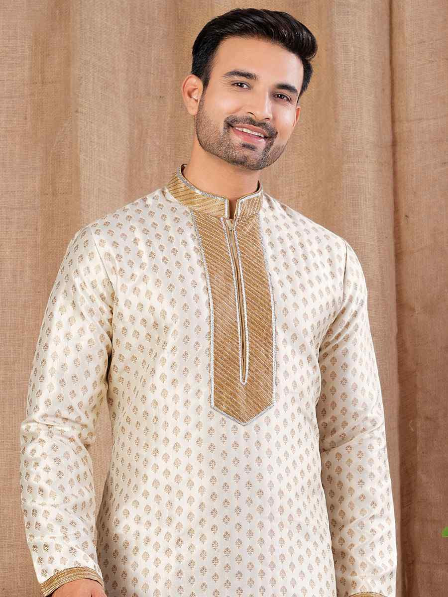 Cream Jacquard Embroidery Festival Wedding Party Mens Kurta