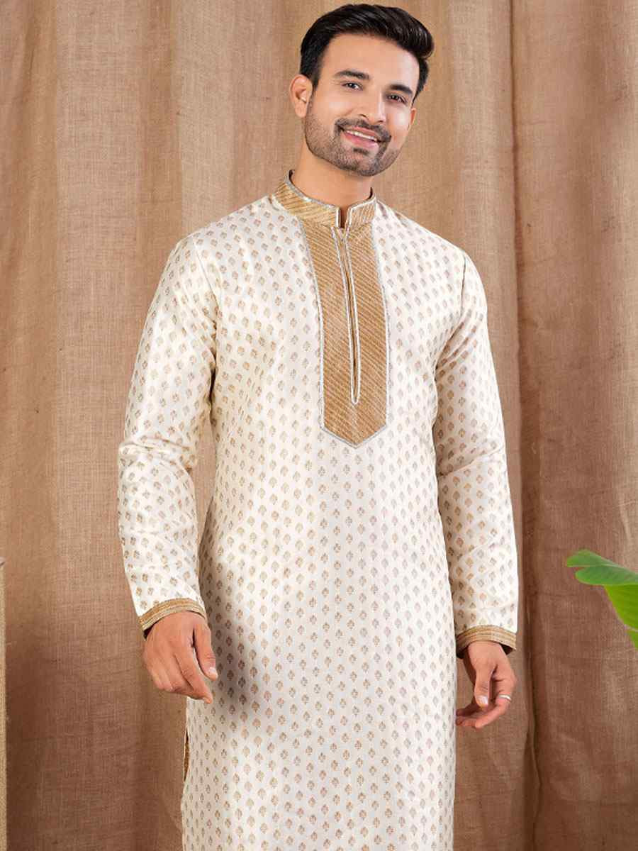 Cream Jacquard Embroidery Festival Wedding Party Mens Kurta