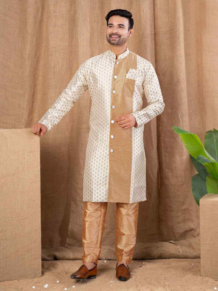 Cream Jacquard Embroidery Festival Wedding Party Mens Kurta