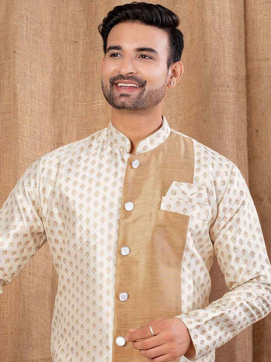 Cream Jacquard Embroidery Festival Wedding Party Mens Kurta