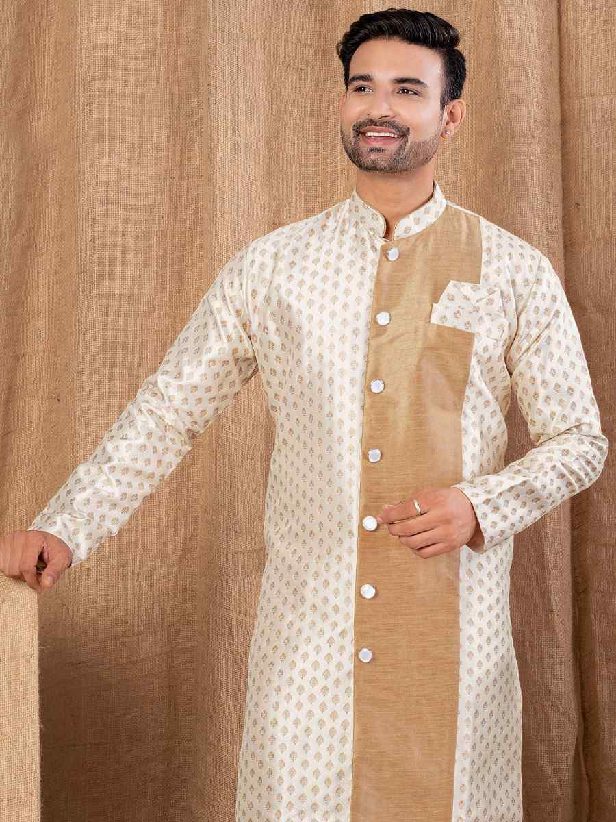 Cream Jacquard Embroidery Festival Wedding Party Mens Kurta