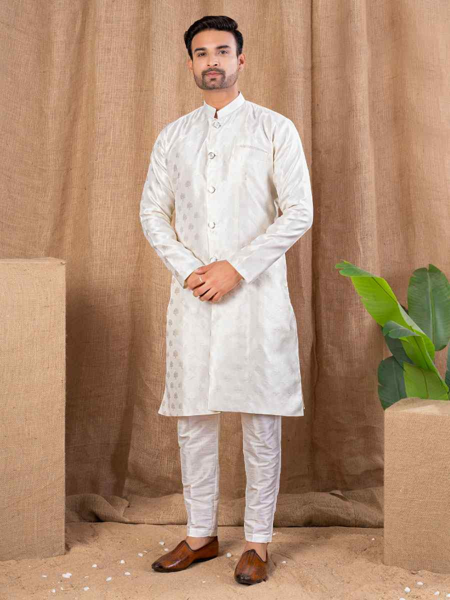 Cream Jacquard Embroidery Festival Wedding Party Mens Kurta