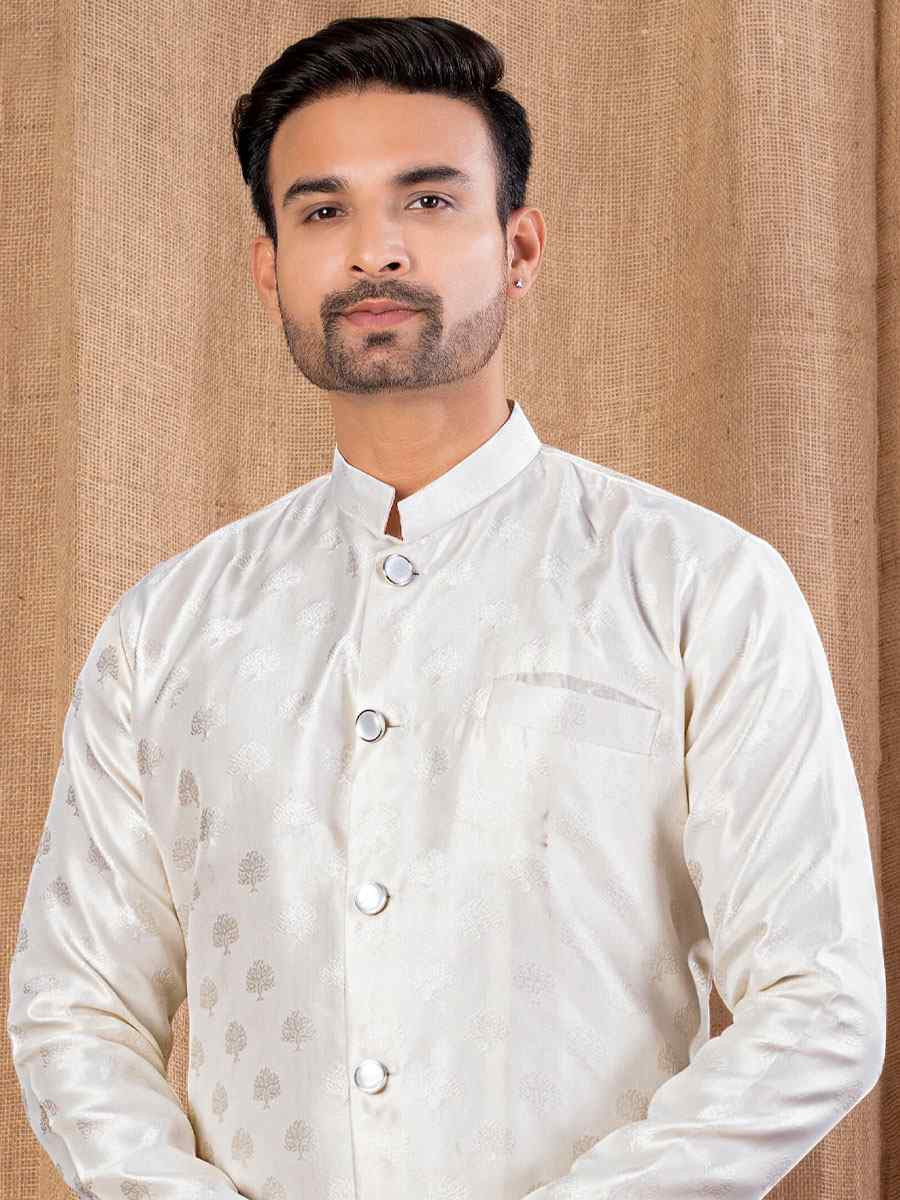 Cream Jacquard Embroidery Festival Wedding Party Mens Kurta