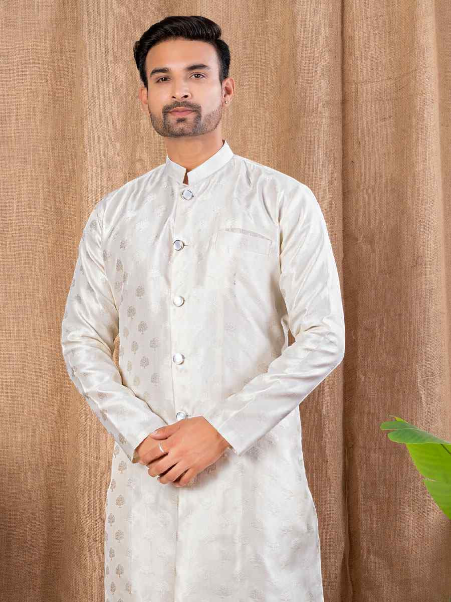 Cream Jacquard Embroidery Festival Wedding Party Mens Kurta