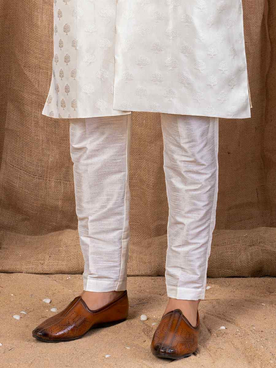 Cream Jacquard Embroidery Festival Wedding Party Mens Kurta