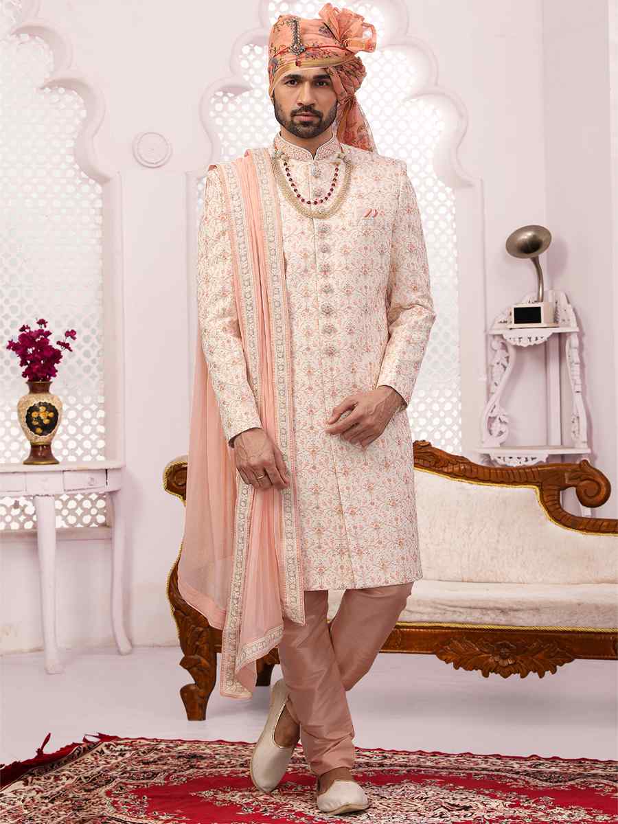 Cream Jacquard Lukhnavi Embroidered Wedding Groom Sherwani