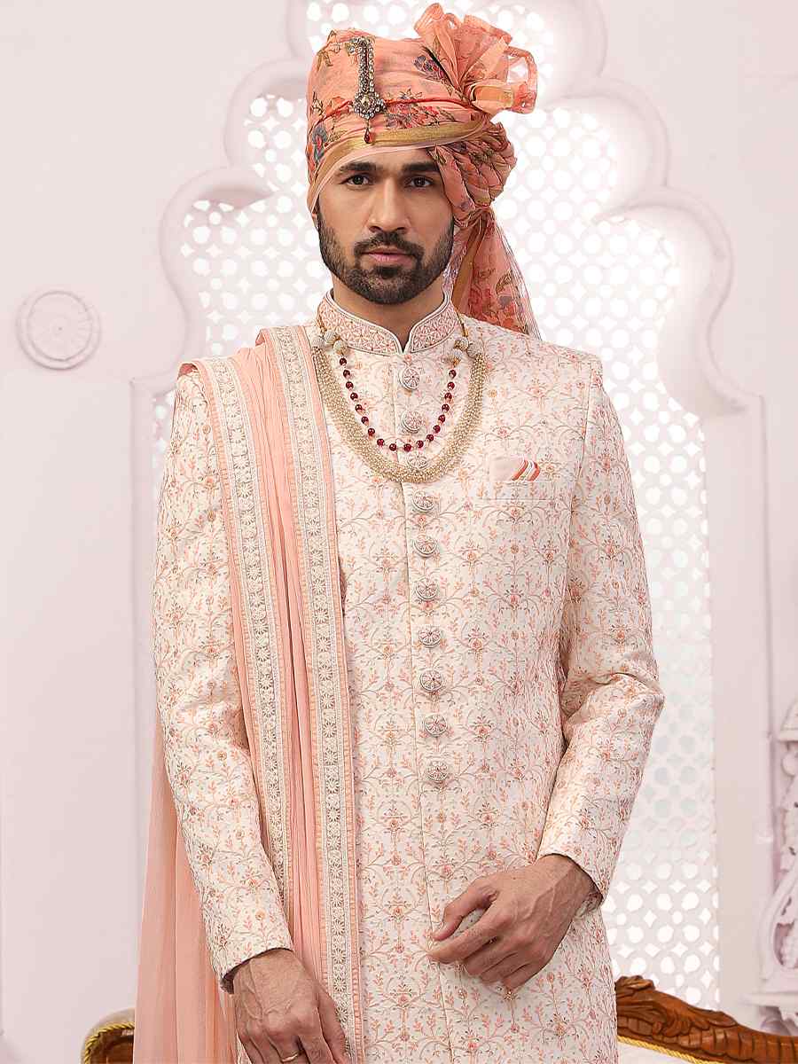 Cream Jacquard Lukhnavi Embroidered Wedding Groom Sherwani