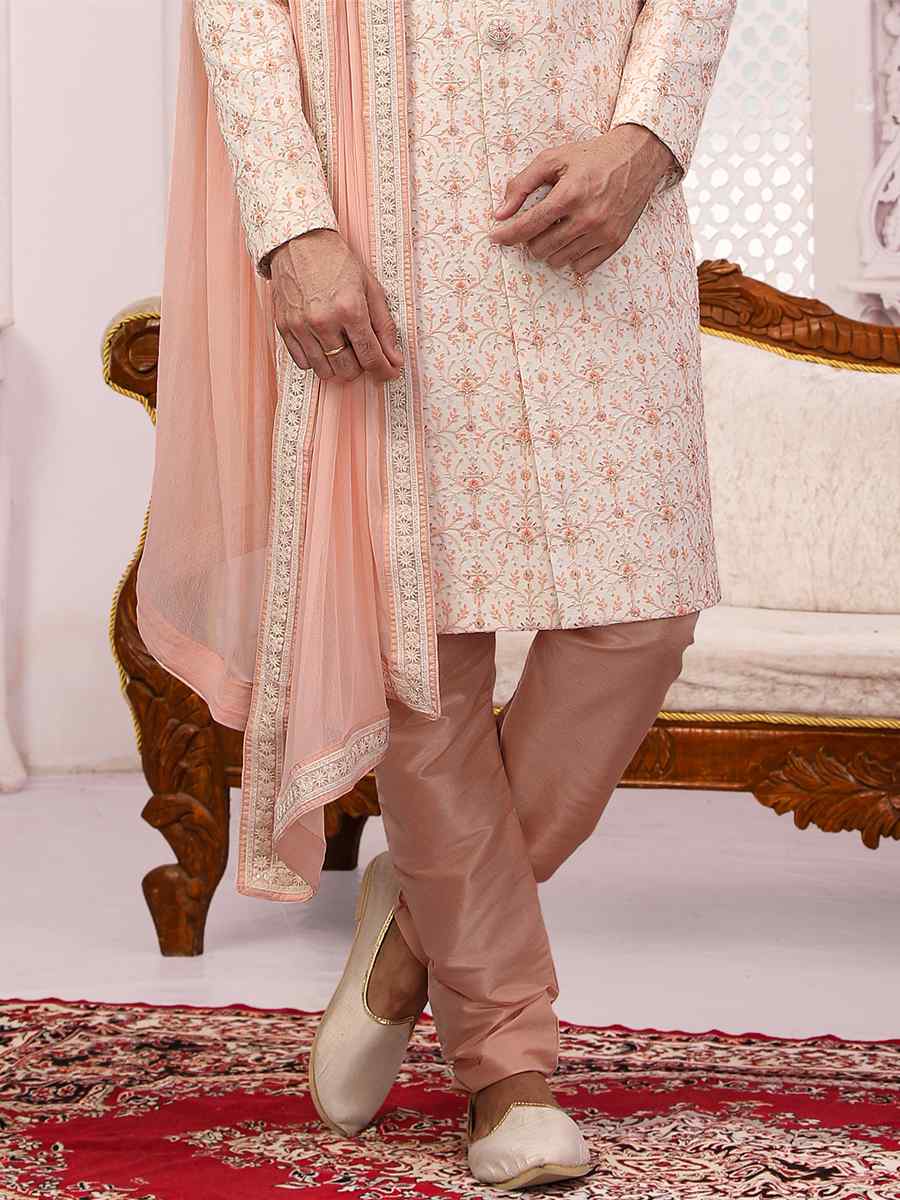 Cream Jacquard Lukhnavi Embroidered Wedding Groom Sherwani