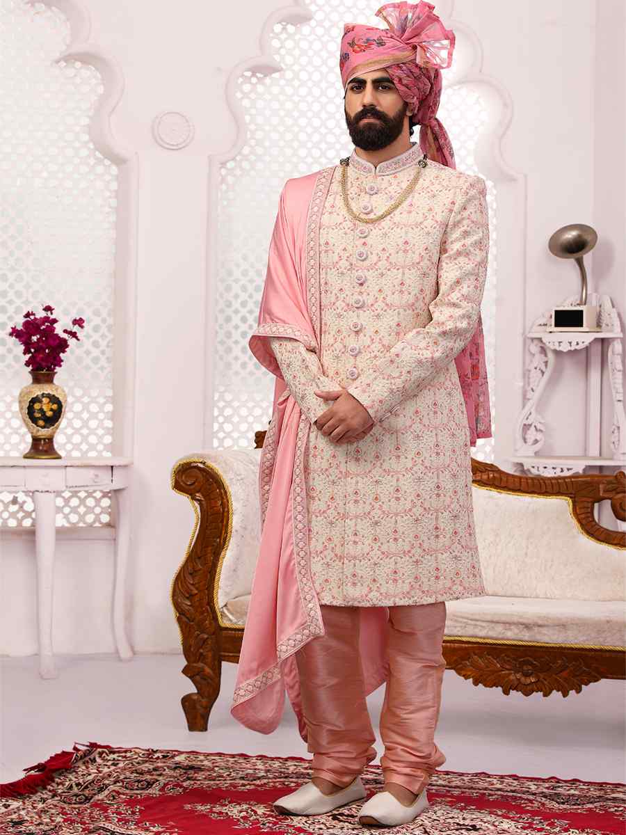 Cream Jacquard Lukhnavi Embroidered Wedding Groom Sherwani