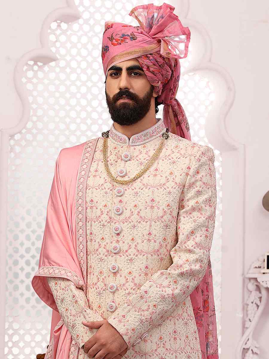 Cream Jacquard Lukhnavi Embroidered Wedding Groom Sherwani