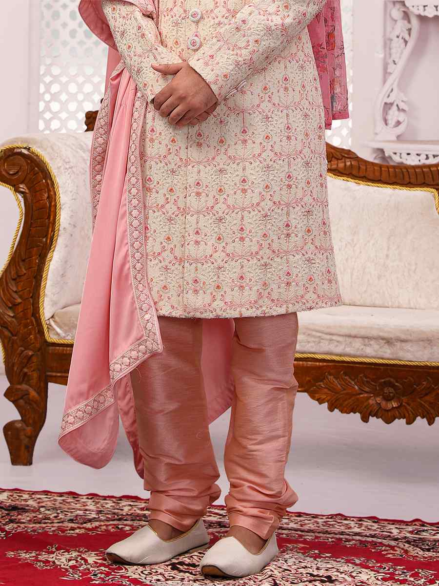 Cream Jacquard Lukhnavi Embroidered Wedding Groom Sherwani