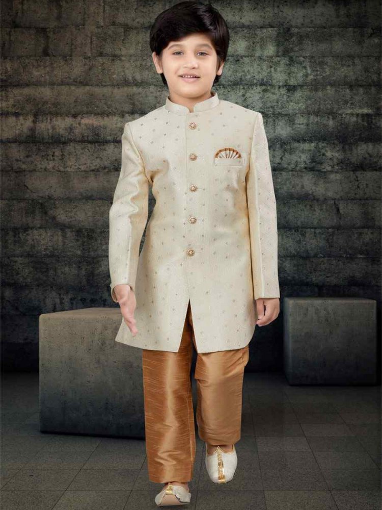 Cream Jacquard Printed Festival Traditional Kurta Pyjama Boys Wear