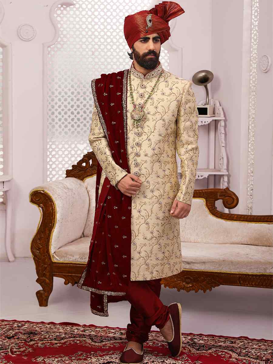 Cream Jacquard Silk Brocade Embroidered Wedding Groom Sherwani