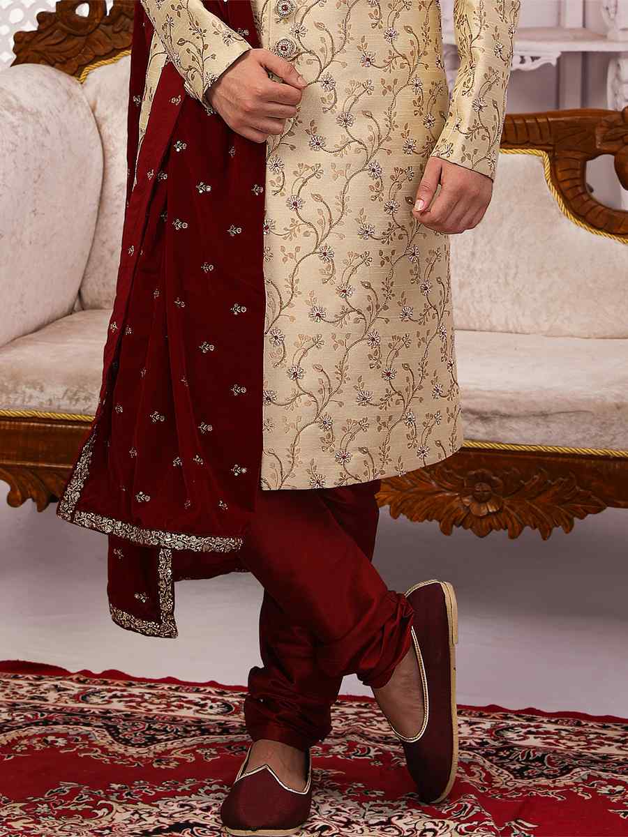 Cream Jacquard Silk Brocade Embroidered Wedding Groom Sherwani