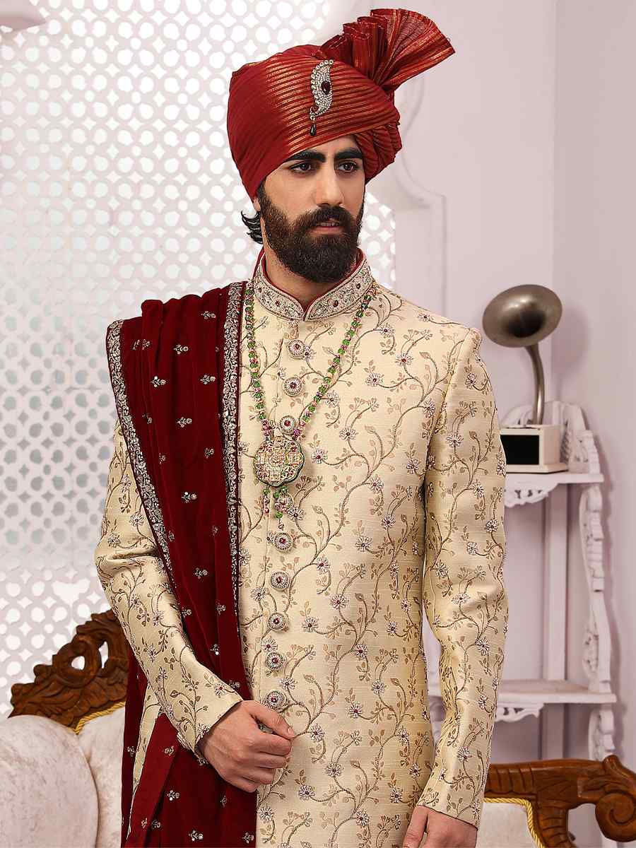 Cream Jacquard Silk Brocade Embroidered Wedding Groom Sherwani