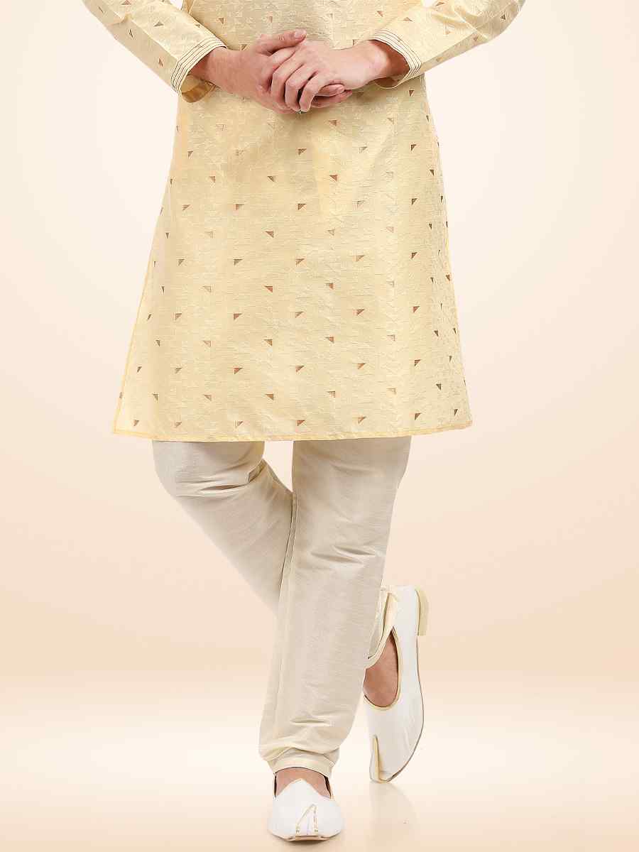 Cream Jacquard Silk Brocade Woven Festival Party Kurta