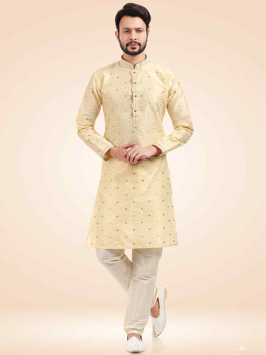 Cream Jacquard Silk Brocade Woven Festival Party Kurta