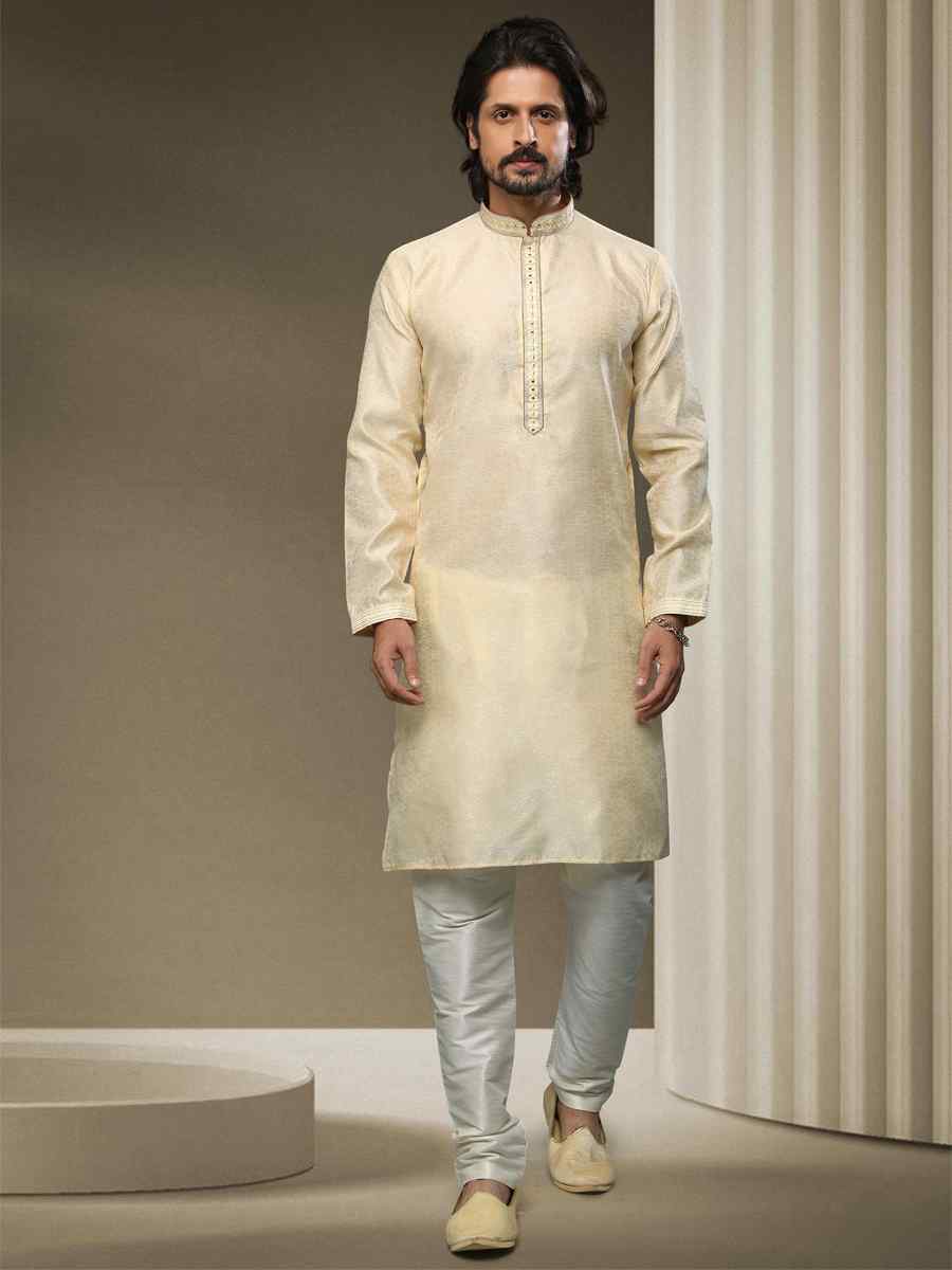 Cream Jacquard Silk Brocade Woven Party Kurta