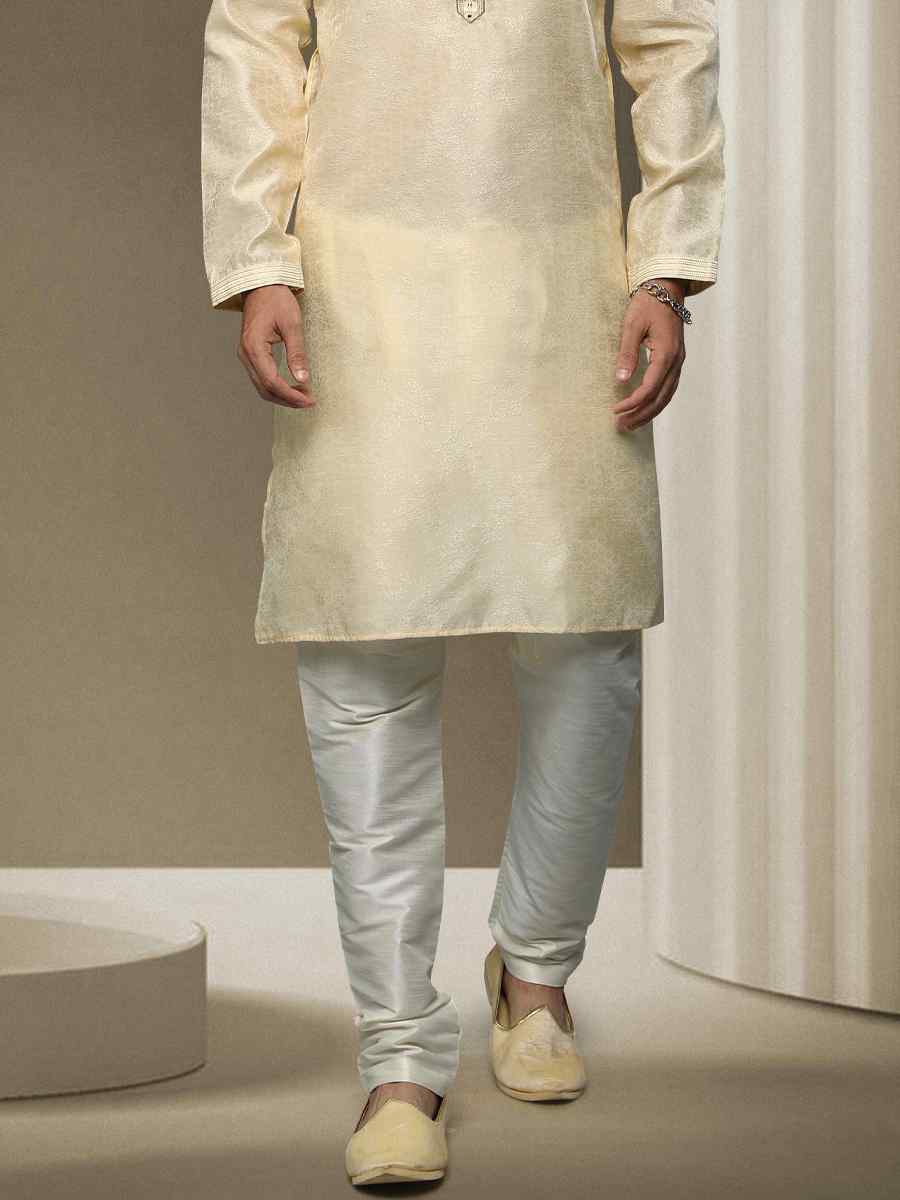 Cream Jacquard Silk Brocade Woven Party Kurta