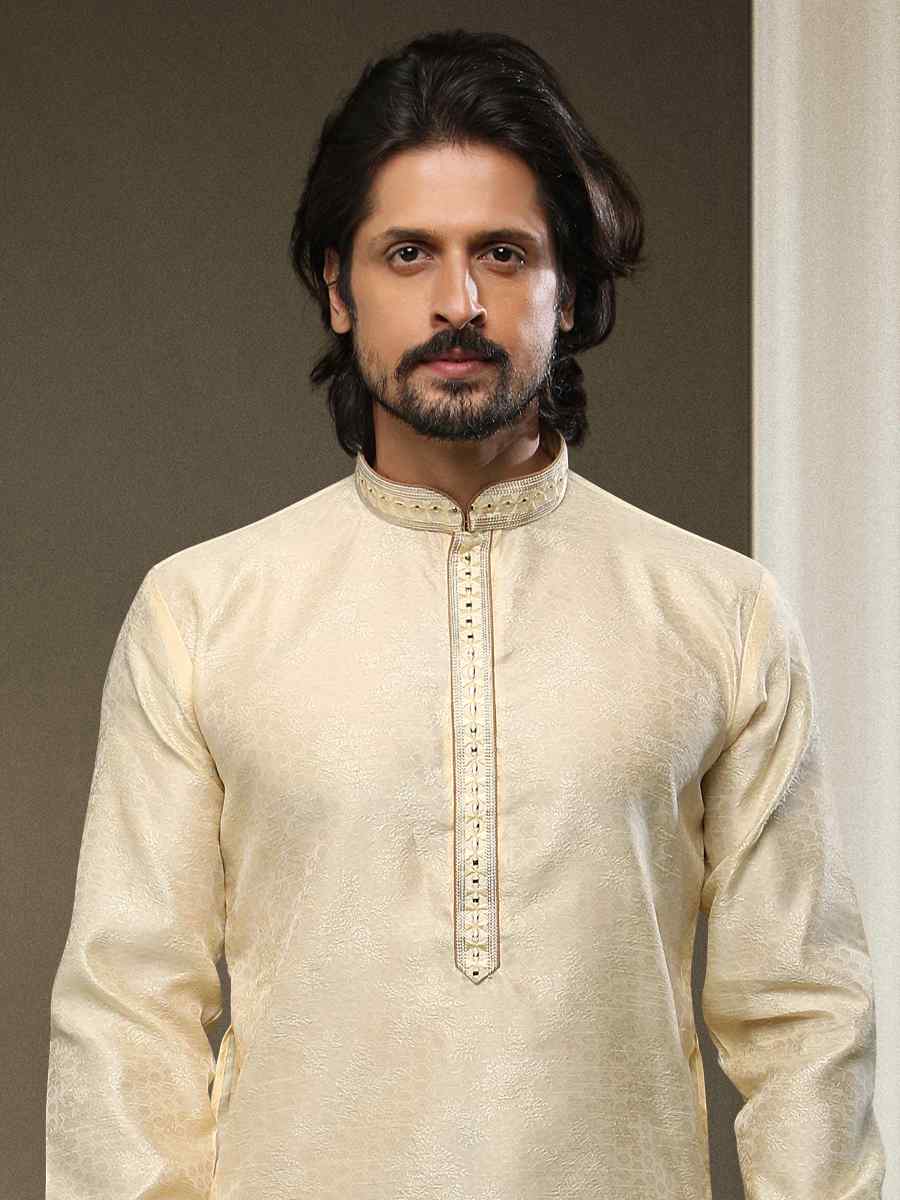 Cream Jacquard Silk Brocade Woven Party Kurta