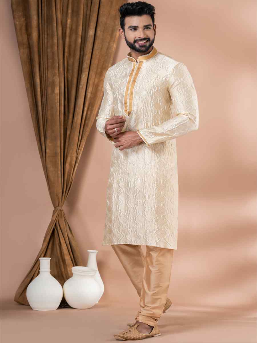 Cream Jacquard Silk Embroidered Festival Party Kurta