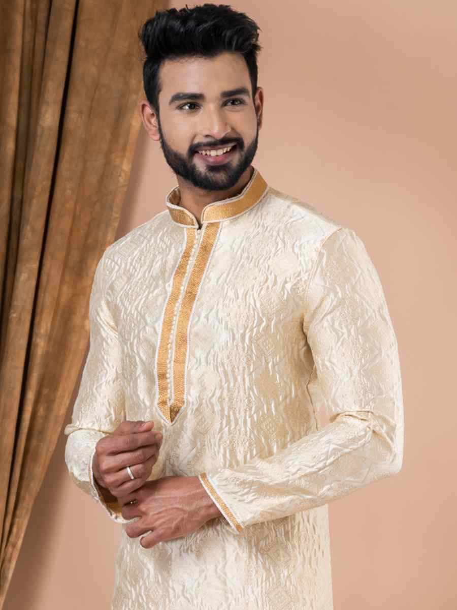 Cream Jacquard Silk Embroidered Festival Party Kurta