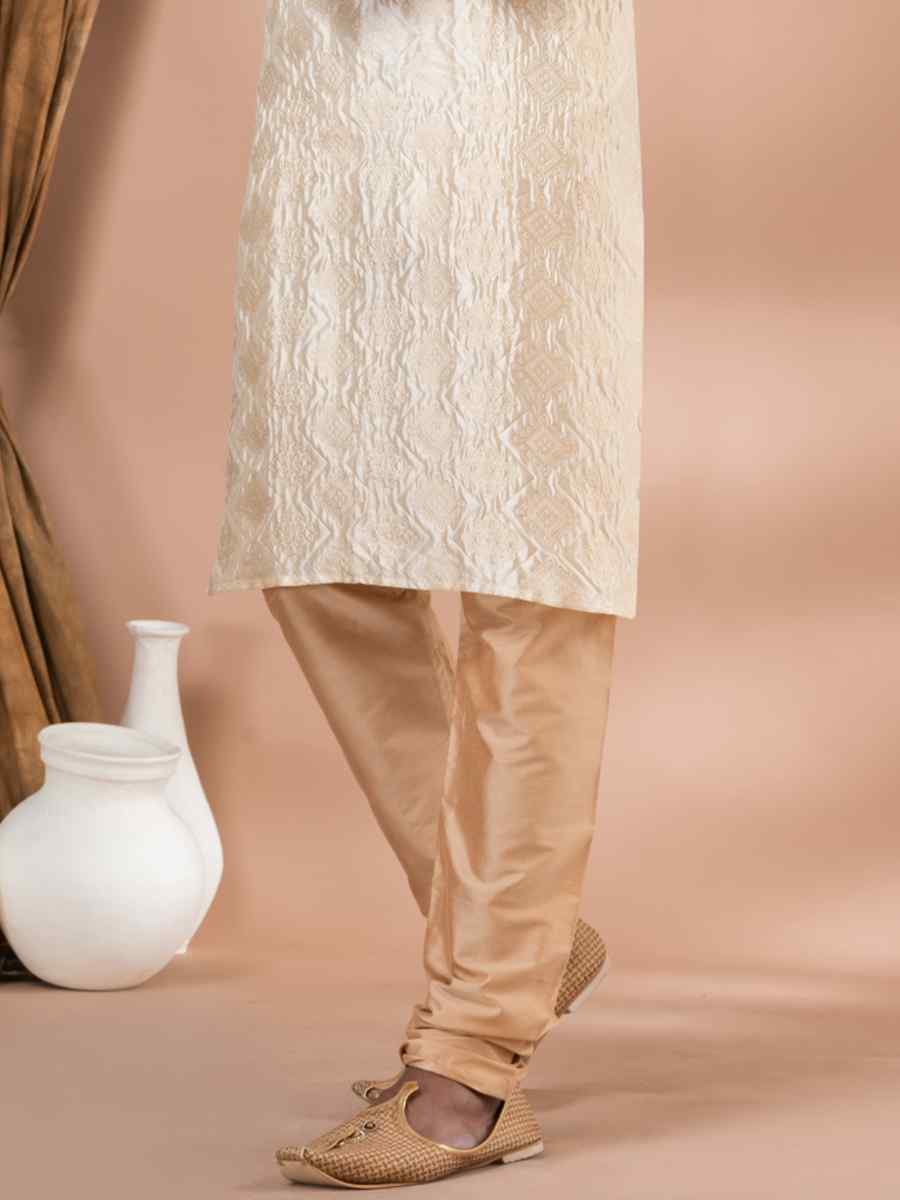 Cream Jacquard Silk Embroidered Festival Party Kurta