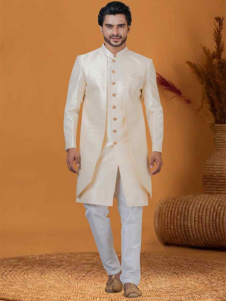 Cream Jacquard Silk Woven Groom Wedding Sherwani