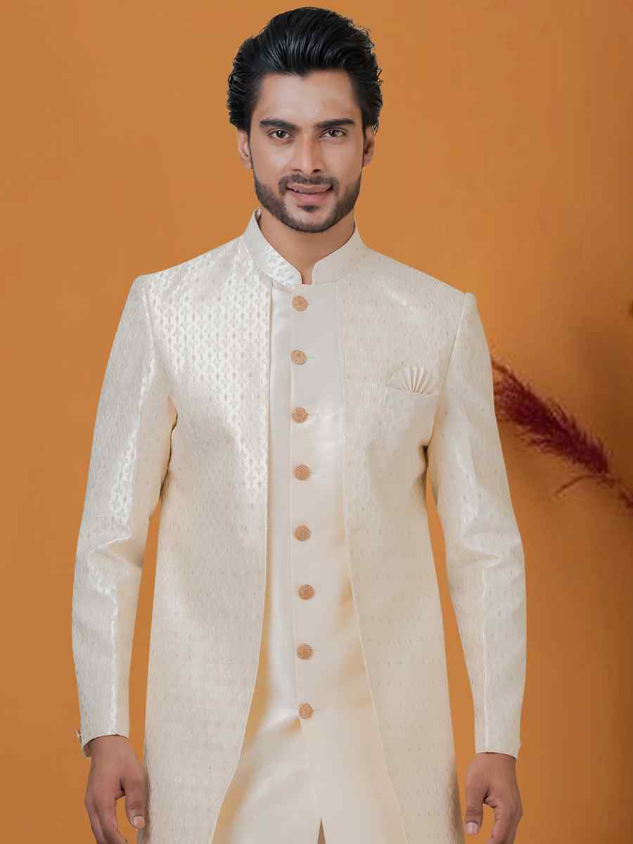Cream Jacquard Silk Woven Groom Wedding Sherwani