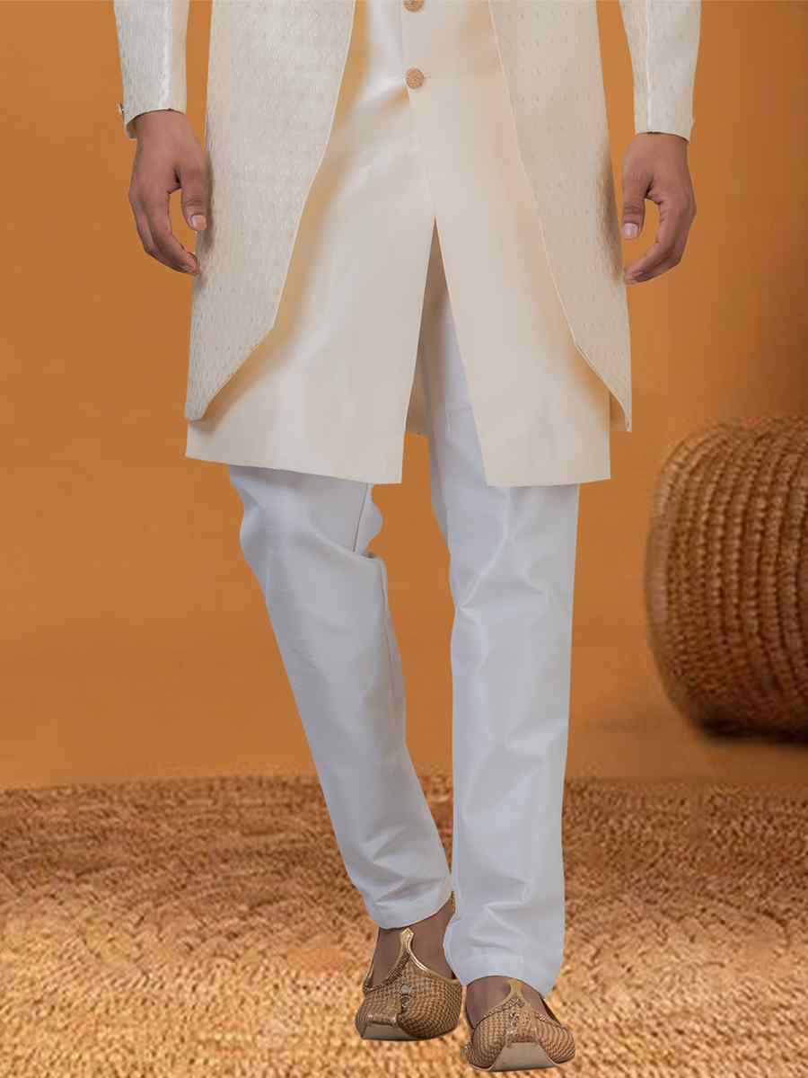 Cream Jacquard Silk Woven Groom Wedding Sherwani